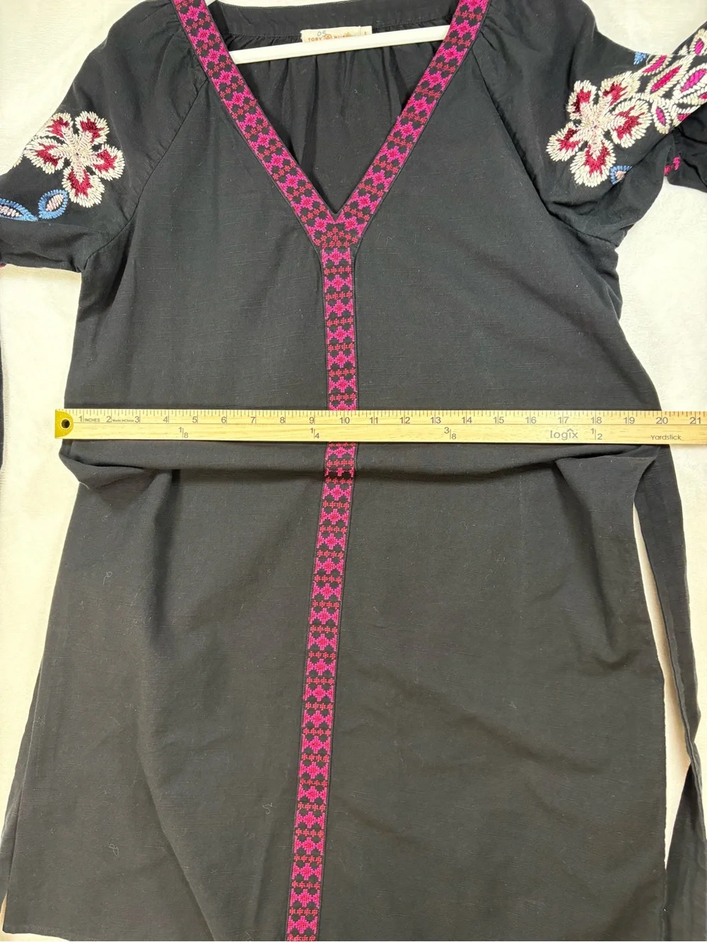 Tory Burch Theresa Embroidered Dress Black Pink Floral Tie Waist Size 6 Bohemian